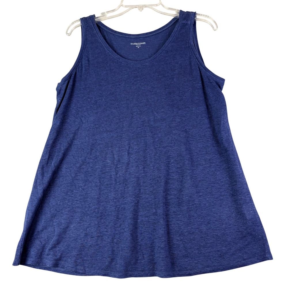 Eileen Fisher PL Blue Linen Tank Top Scoop Neck Sleeveless Lagenlook Minimalist